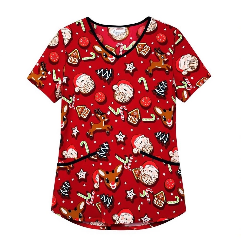 Rudolph The Red Nosed Reindeer Womens Size Large Scrub Top Christmas Stretch NWT
